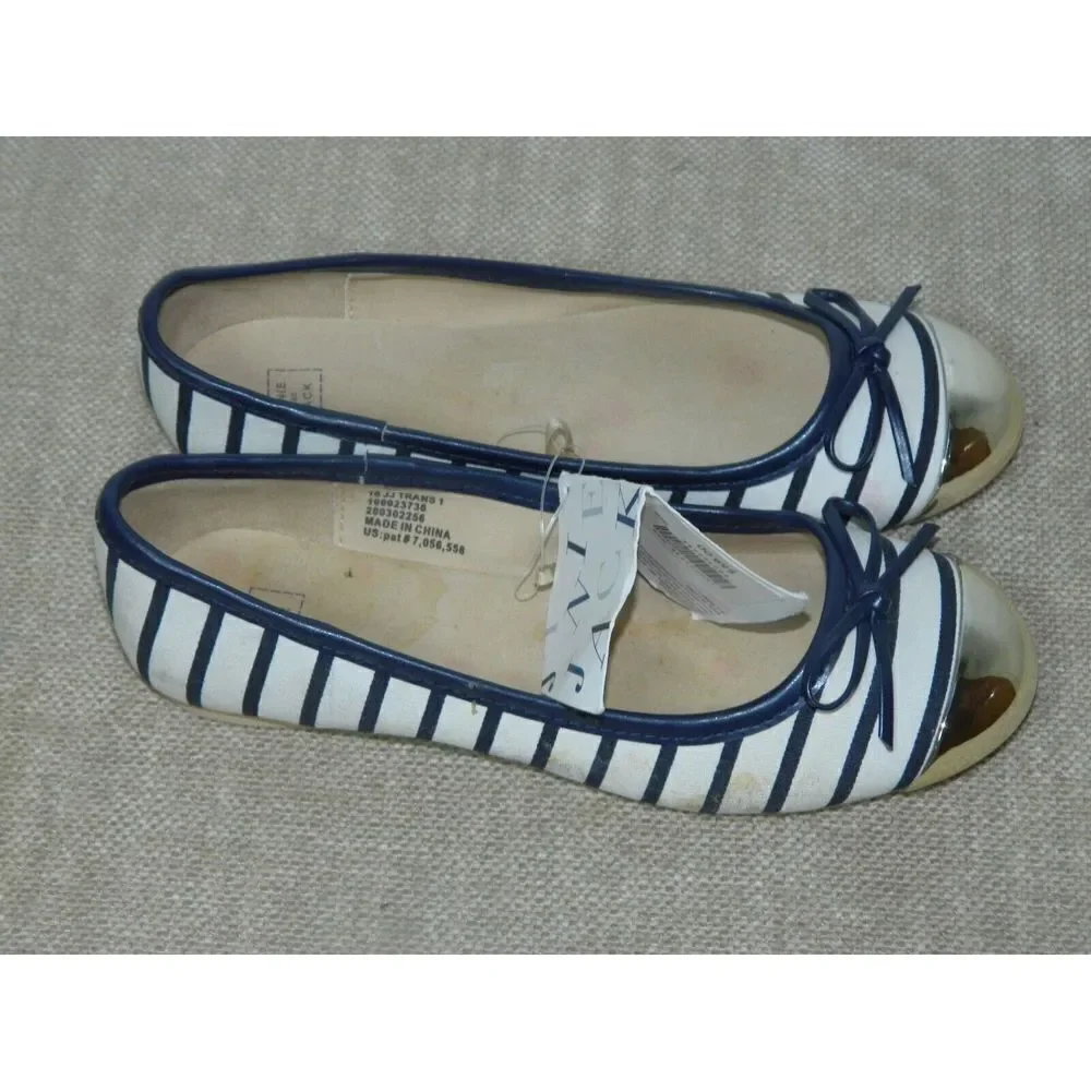 Janie and Jack‎ Ballet Flats Size 1 Blue white Striped Gold Toe Metallic Bow